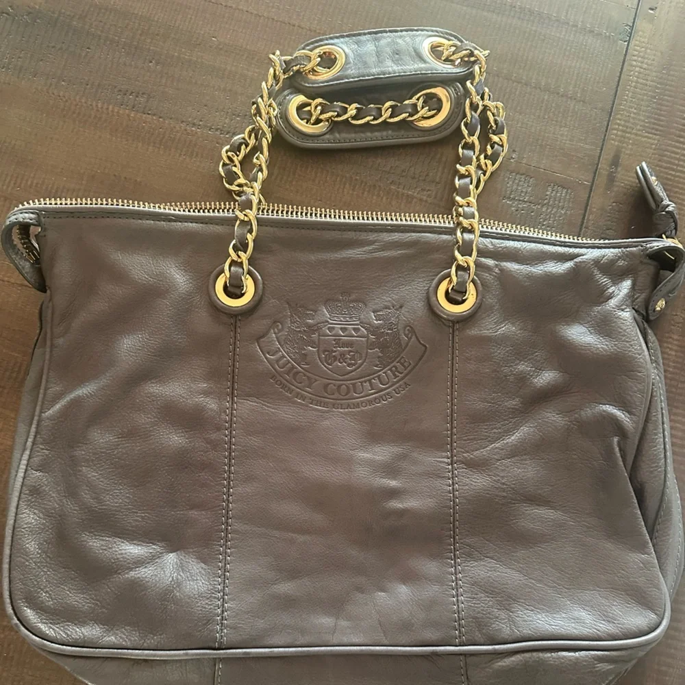 Juicy Couture Black & Grey Leather Tote Bag / Purse with Gold Chain Hardware - Picture 5 of 7